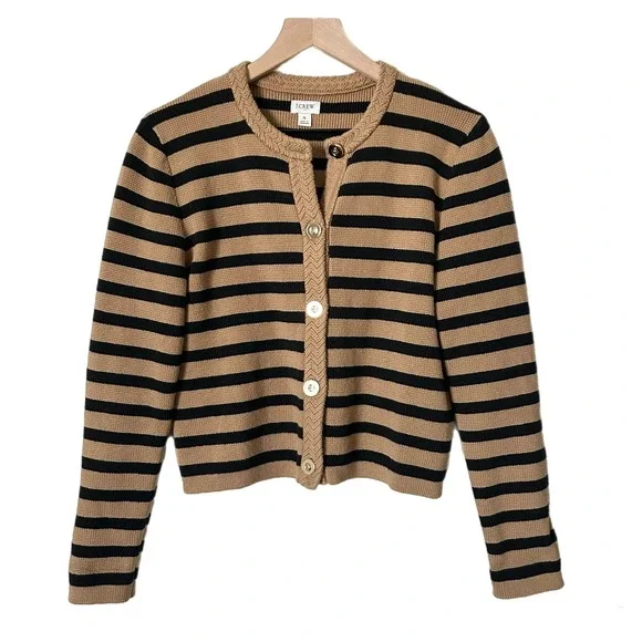 J.Crew Striped Cotton Lady Jacket Cardigan Sweater Camel Black Size Small - Picture 1 of 5